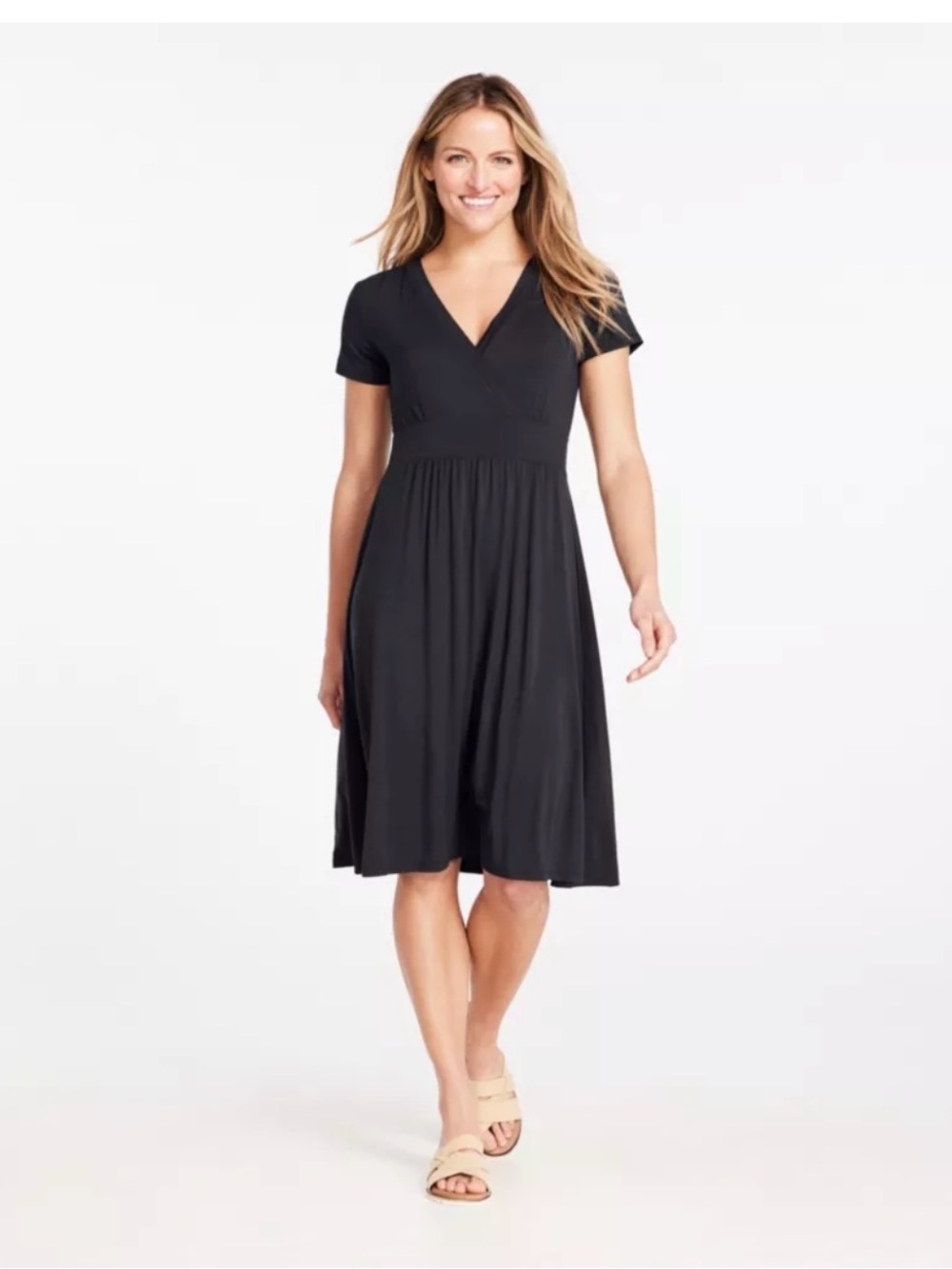 LL Bean Black V-Neck Short Summer Sleeve Midi Dress